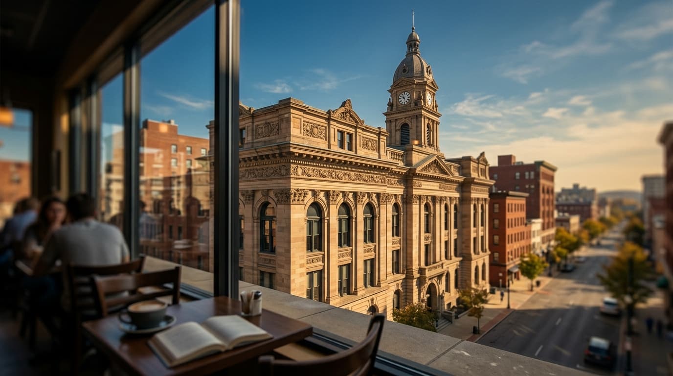 A close-up, tilt-shift view through a coffee shop window at noon, focusing sharply on the ornate, historic stonework of th...
