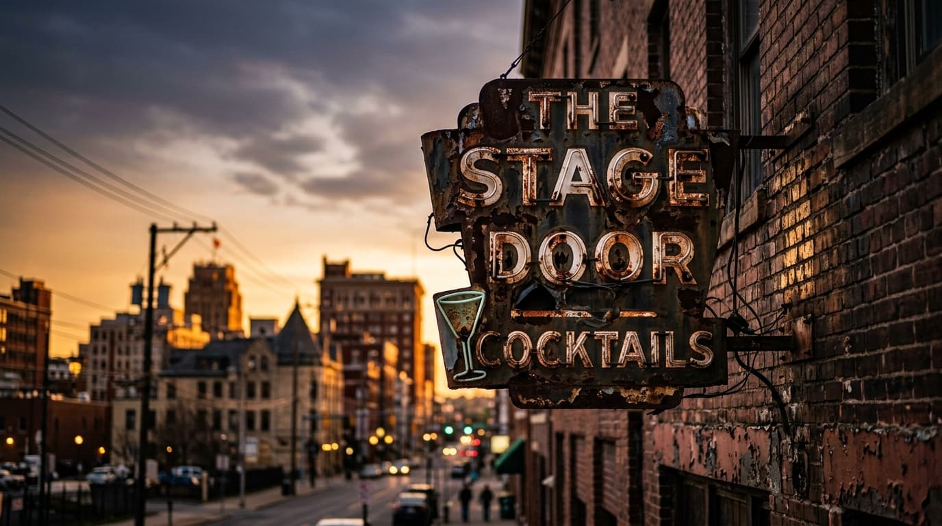 A 35mm documentary shot at golden hour, capturing the rusted, iconic neon sign of a downtown Scranton dive bar. The warm l...