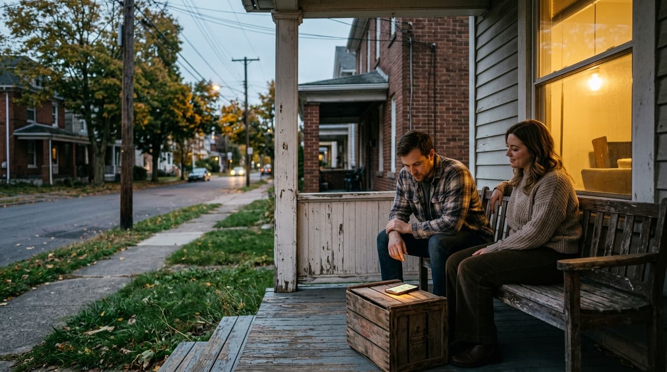 A 35mm wide shot shows a couple sitting on a worn porch in Green Ridge at dusk. A glowing phone displaying a map of Wilkes...