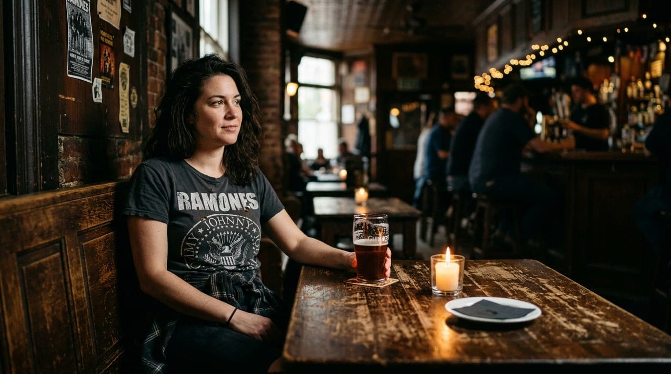 A medium shot shows a woman in a vintage band tee sitting in a dim corner of The Bog. A half-finished beer rests on the sc...