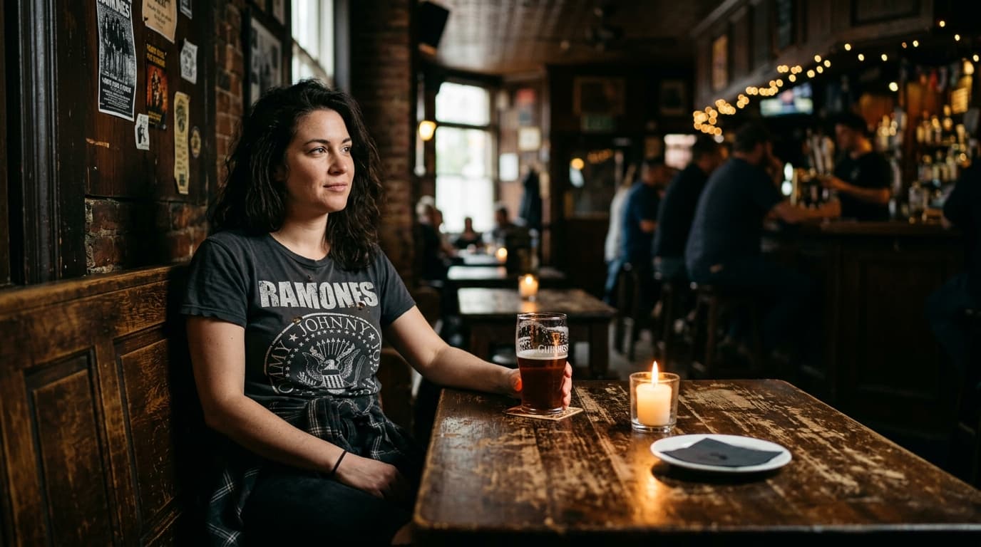 A medium shot shows a woman in a vintage band tee sitting in a dim corner of The Bog. A half-finished beer rests on the sc...