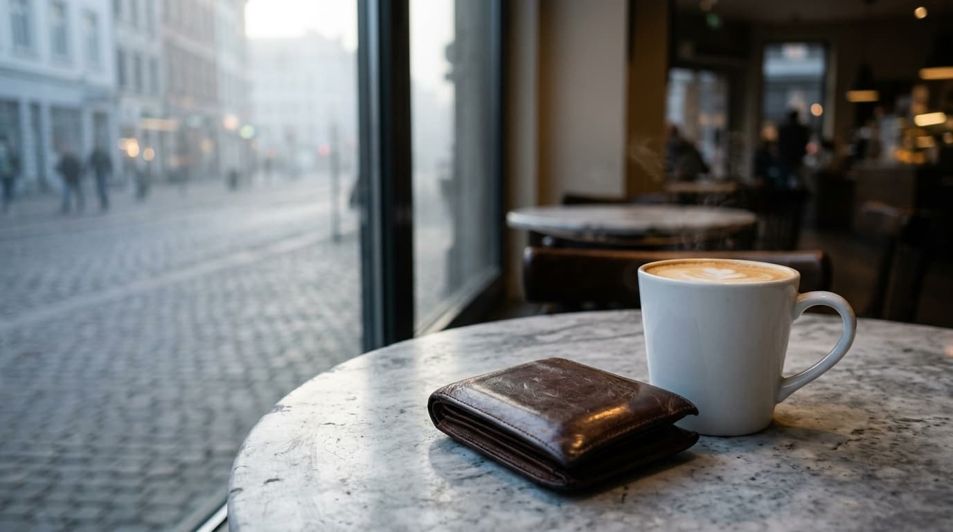 A close-up 50mm shot of a worn leather wallet resting on a marble café table, next to a steaming latte with a Northern Lig...