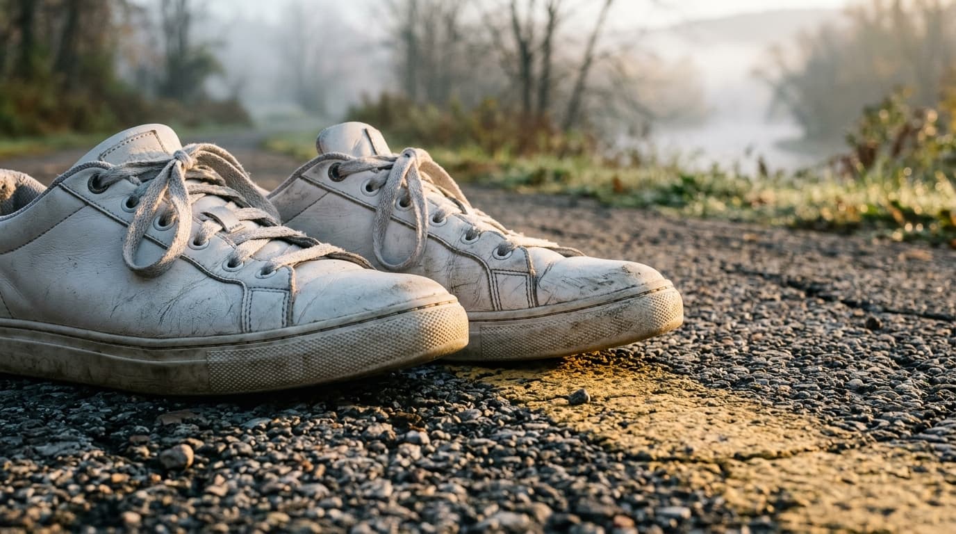 Extreme 100mm macro shot of two pairs of white leather sneakers standing side-by-side on the cracked asphalt of the Lackaw...