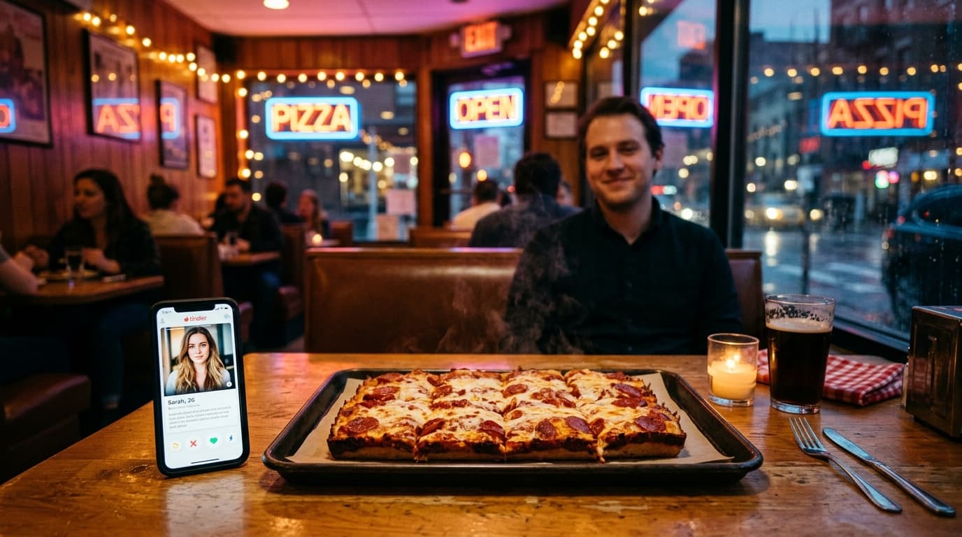 A medium shot centered in a dim, candle-lit booth at an Old Forge pizza parlor. A smartphone displaying a Tinder profile r...