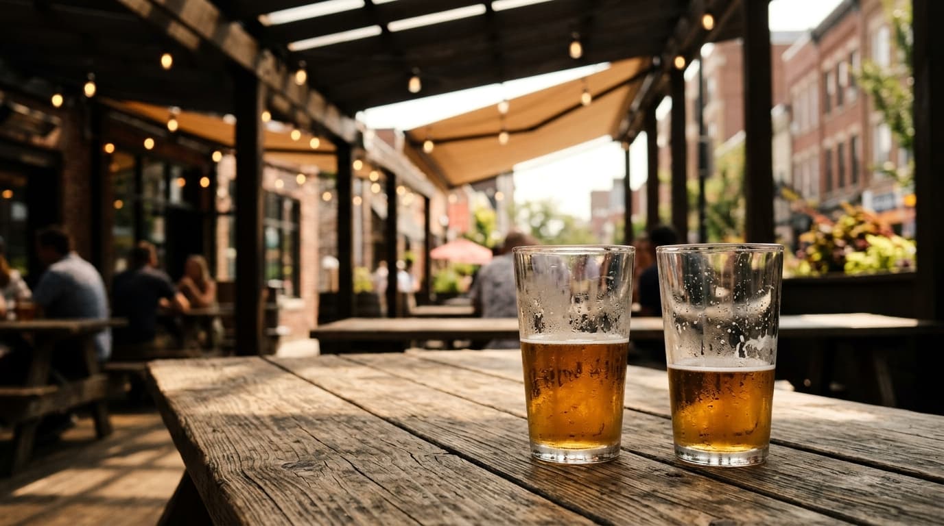 A close-up captures two half-empty pint glasses on a rustic wooden picnic table at the Backyard Ale House, noon sunlight f...