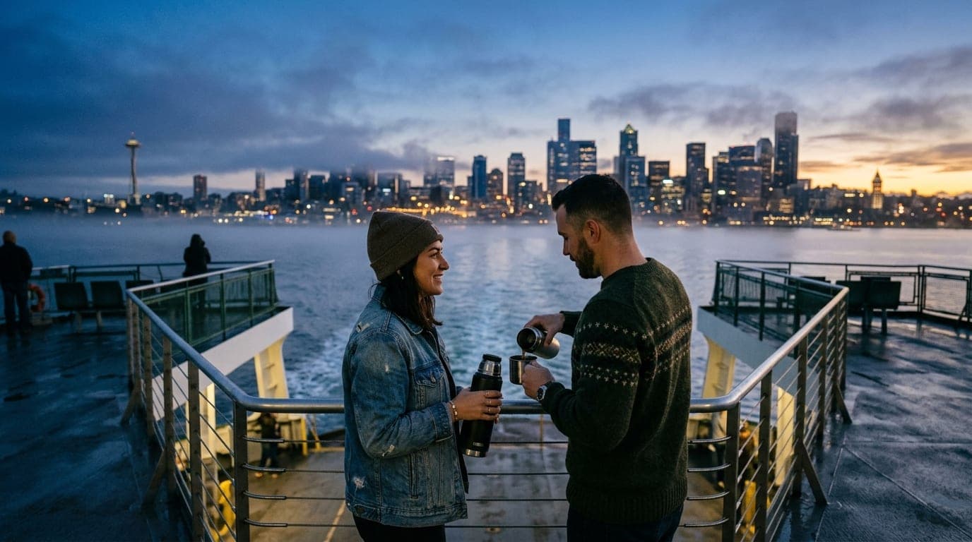 A couple shares a thermos of coffee on a ferry deck during blue hour, gazing at the distant Seattle skyline. The man wears...