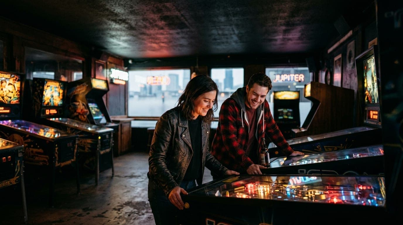 A couple plays a game of pinball at Jupiter in Belltown. The man wears a flannel shirt; the woman wears a leather jacket....