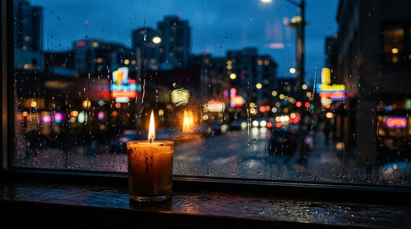 A tight, candle-lit macro shot of a single, flickering flame reflecting off a cold, rain-slicked window pane, framing the...