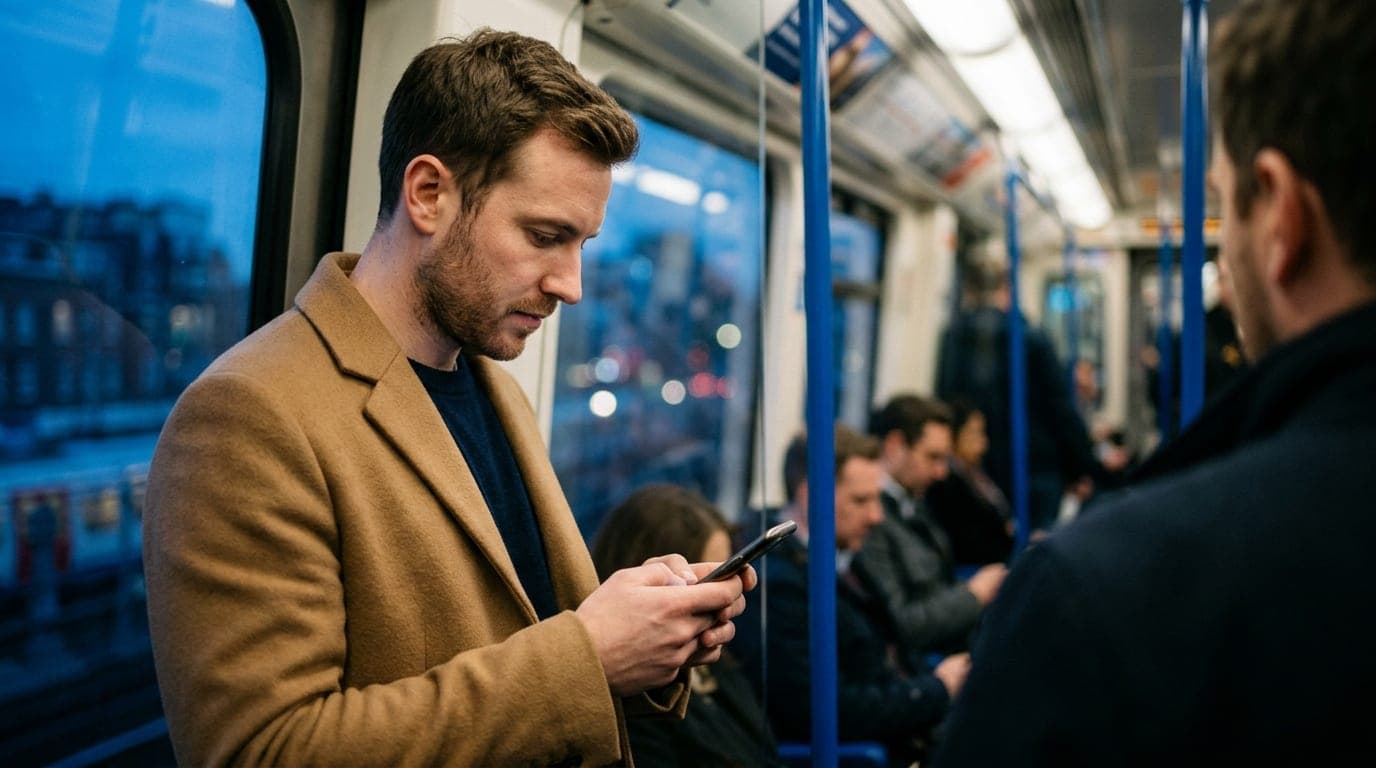 A man in a camel-colored overcoat stands inside a subway car at dusk. He holds a phone displaying a verification badge, hi...