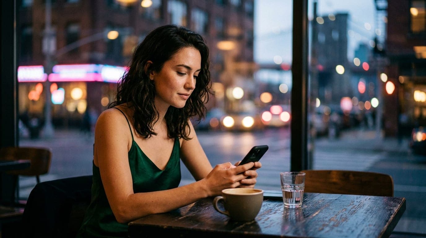 An 85mm portrait captures a woman in a silk slip dress sitting at a dimly lit coffee shop table. She looks at her phone, b...