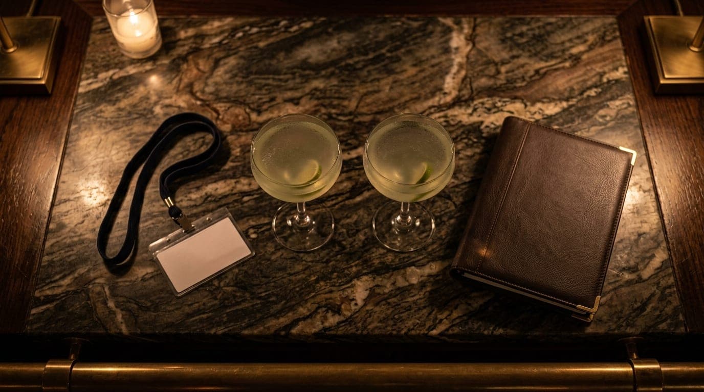 Overhead flat-lay of a marble bar top in a dimly lit downtown cocktail lounge. Two half-poured gin gimlets sit beside a di...