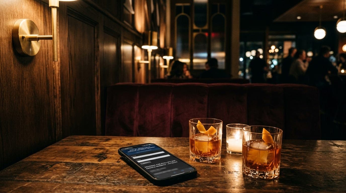 A wide shot of a velvet booth at a Phillips Avenue cocktail lounge. A smartphone displaying a judicial records search lies...