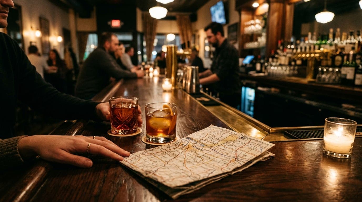 A wide shot of a polished dark-wood bar in a South Bend bistro, featuring two amber cocktails and a crumpled road map show...