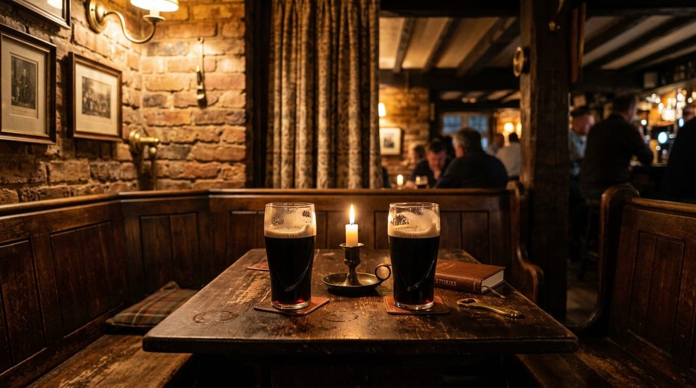A centered, medium shot of a dark-wood corner table at a cozy tavern. Two half-poured pints of stout sit beside a flickeri...