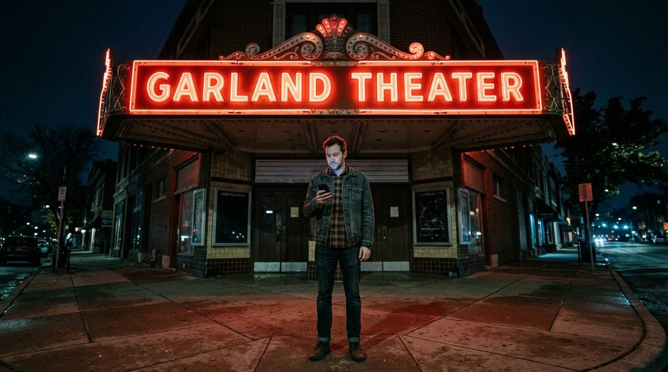 A low-angle, 24mm wide-angle shot centered on the neon Garland Theater marquee at midnight. A man in a flannel shirt and d...