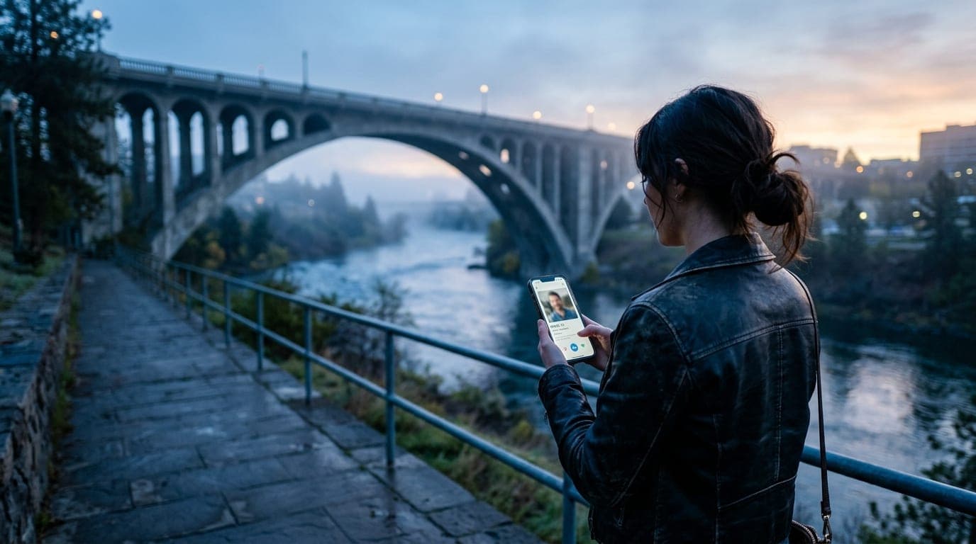 Over-the-shoulder view of a woman in a leather jacket scrolling a phone screen showing a dating profile. In the blue-hour...