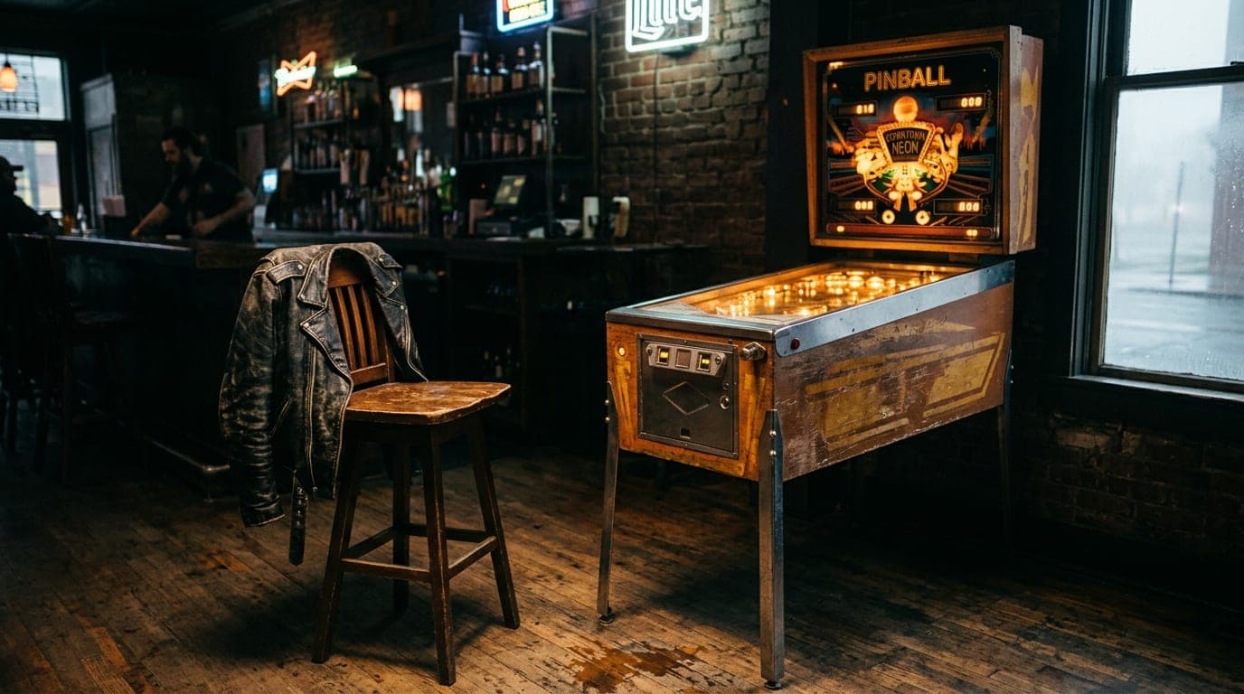 Low-angle hero shot of a weathered pinball cabinet glowing in a dim dive bar. A black leather jacket is draped over a near...
