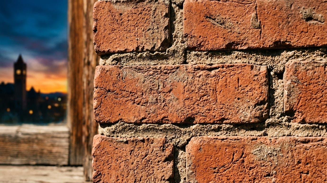 A 100mm macro shot captures a weathered, vintage brick wall from a historic Browne’s Addition apartment building, bathed i...