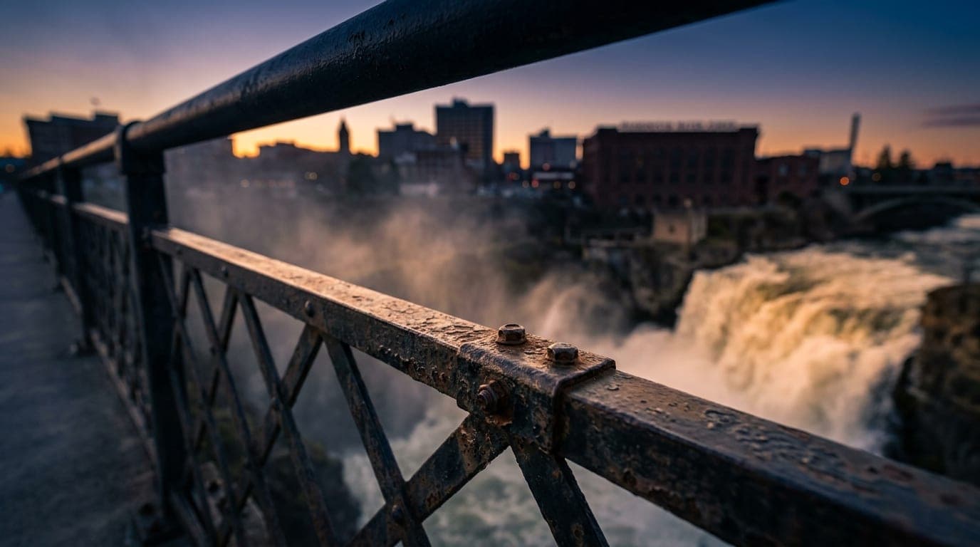 An extreme macro, tilt-shift shot of the Spokane Falls bridge railings at golden hour, with mist blurring the foreground a...