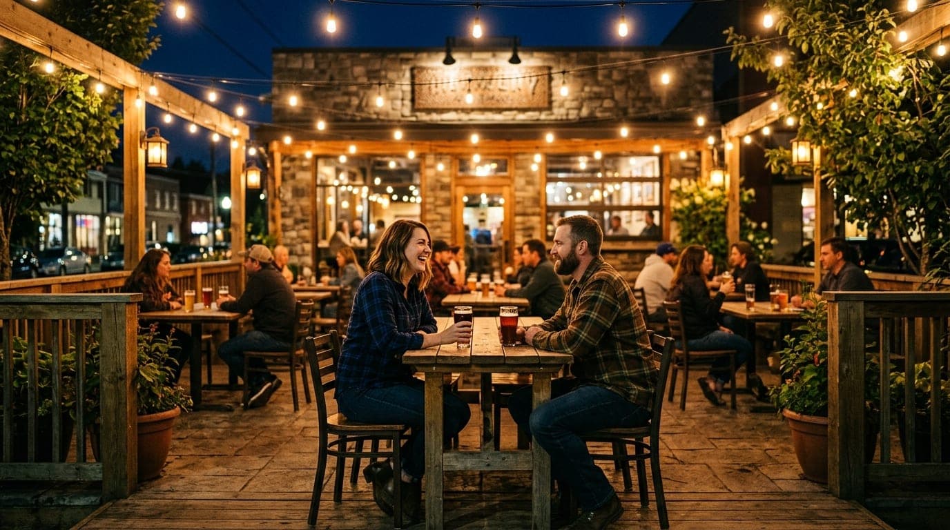 A wide 24mm symmetrical shot of a cozy South Hill brewery patio at night. A couple in high-end flannels and dark denim sha...