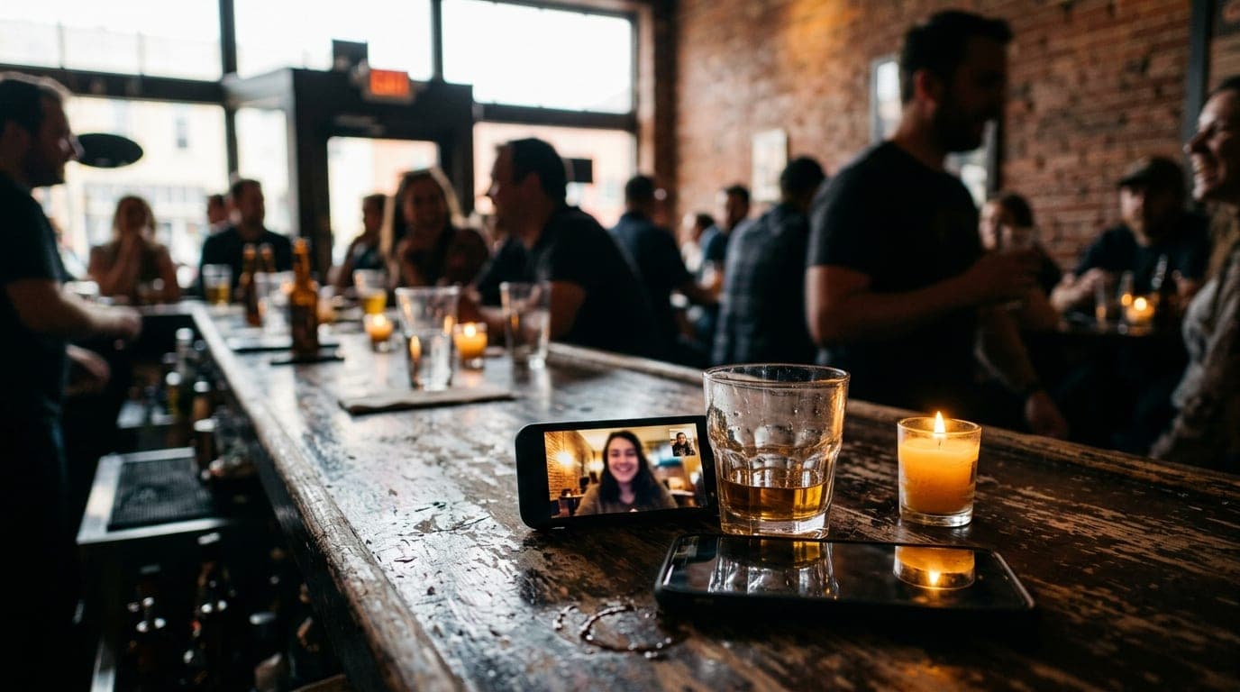 A medium shot of a half-empty whiskey glass and a smartphone displaying a video call, resting on a scarred, dark wood bar...