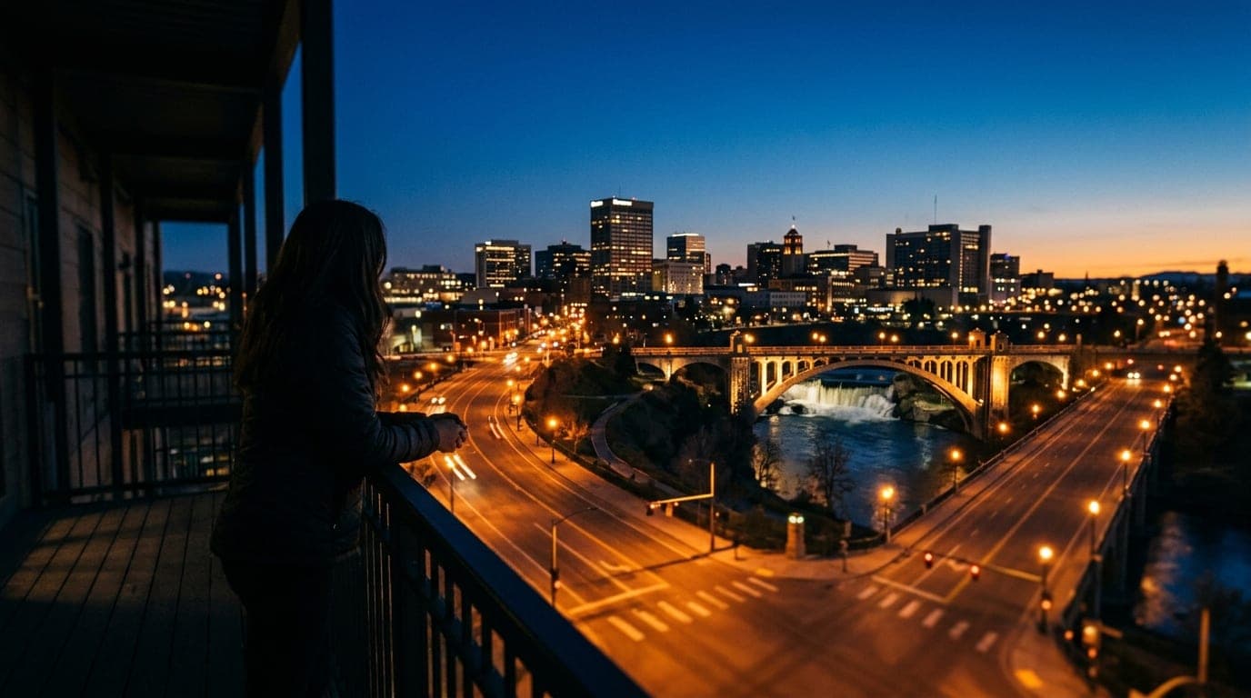 Over-the-shoulder perspective from a dark Kendall Yards balcony, tilt-shift focus on the distant Monroe Street Bridge glow...