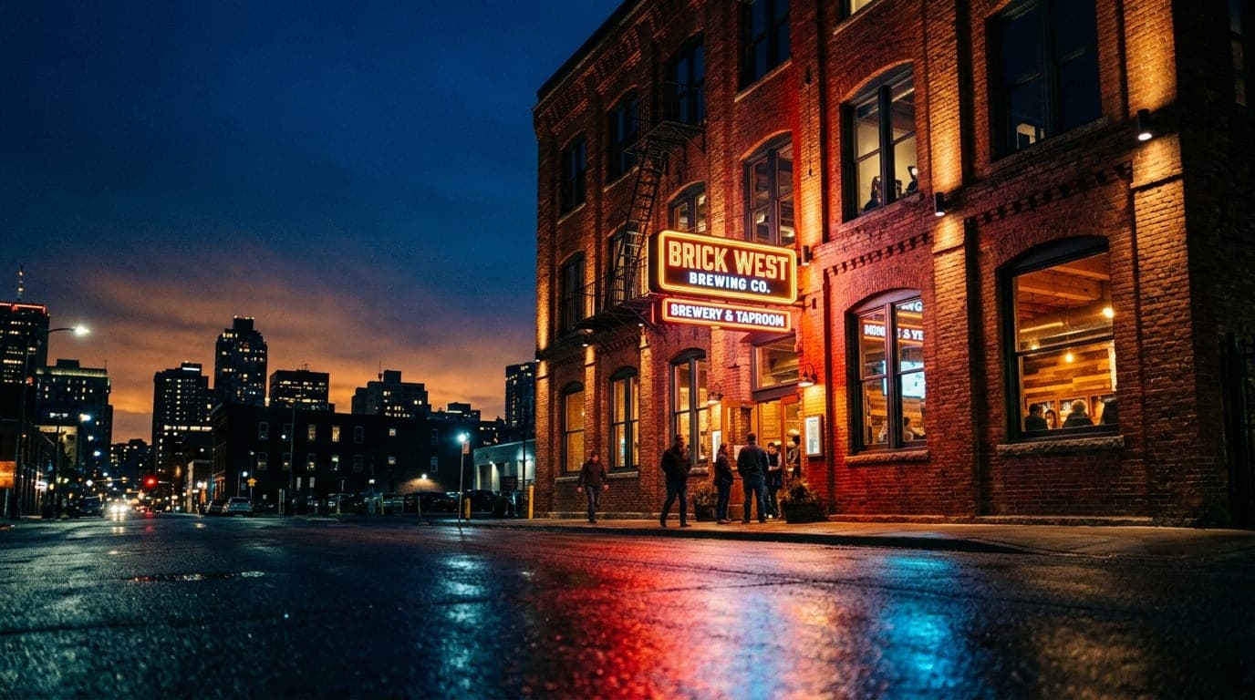A low-angle, 35mm shot of the iconic Brick West Brewing red brick facade at midnight. The glowing neon signage reflects of...