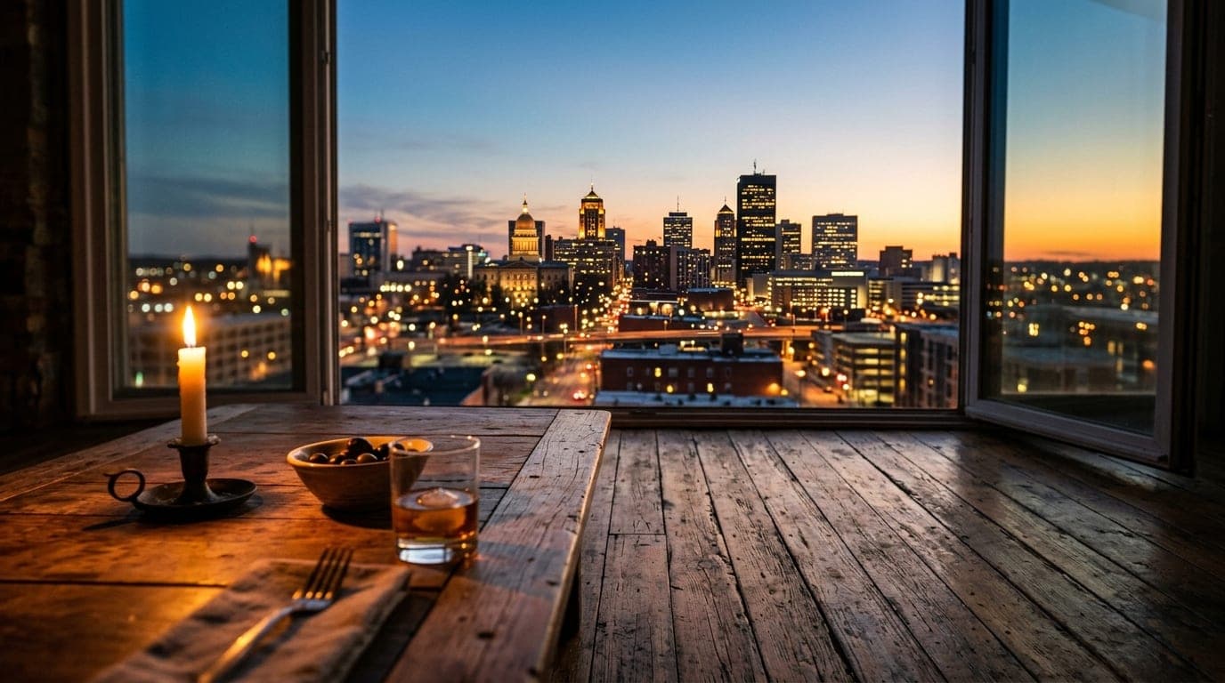 A candle-lit indoor table overlooks the glowing downtown Springfield skyline at dusk. A tilt-shift focus highlights the di...