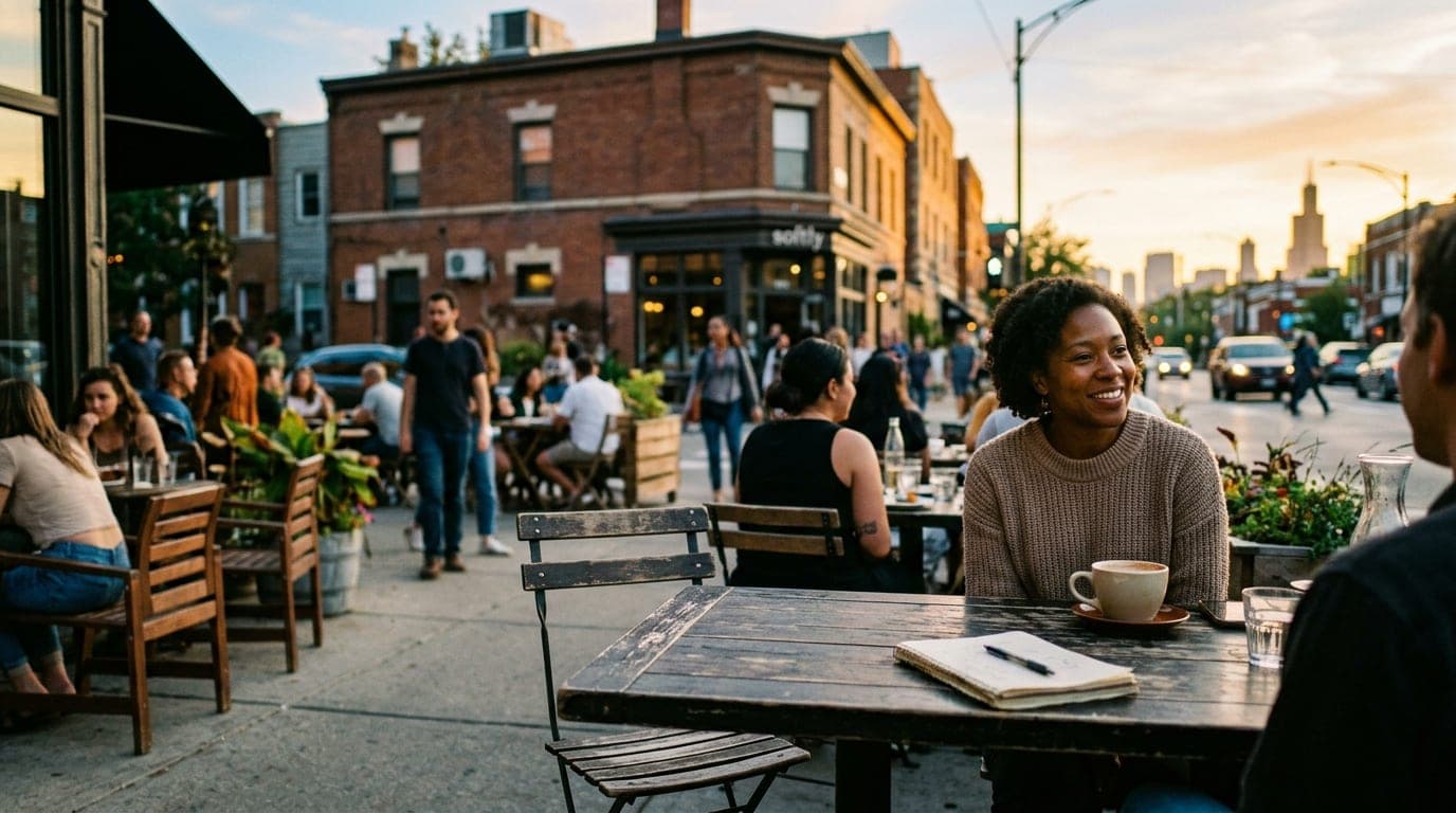 A 35mm documentary close-up of a bustling outdoor patio corner at Cherry and Pickwick. Bright, natural noon light hits a w...