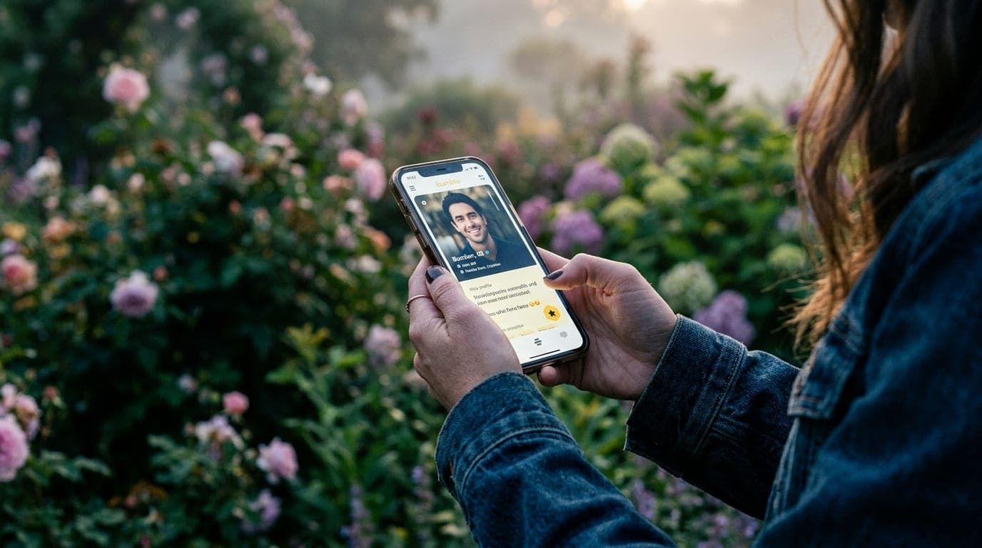 A low-angle, tight macro shot of a glowing smartphone screen displaying a Bumble profile, held by a woman in a denim jacke...