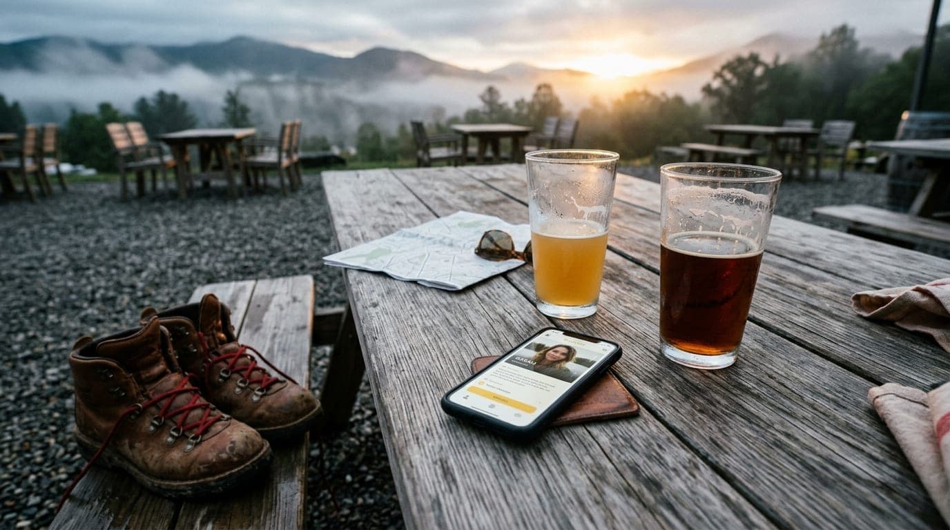 An overhead flat-lay on a weathered wooden brewery table features two half-full craft beer glasses, a smartphone displayin...