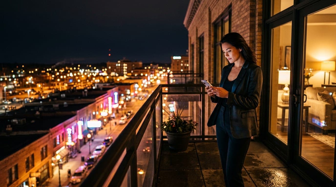 A wide, selective-focus shot of a professional woman in a silk blazer standing on a St. Cloud balcony at night, looking at...