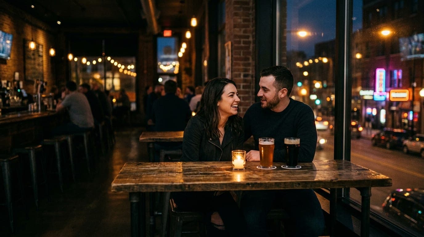 A couple shares a quiet conversation at a high-top table inside a dimly lit brewery, captured in a medium shot. Two craft...