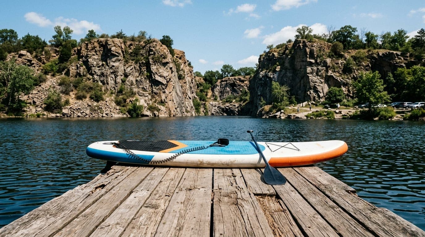 A 24mm wide-angle, centered shot of a paddleboard resting on a weathered wooden dock at Quarry Park. Noon light illuminate...