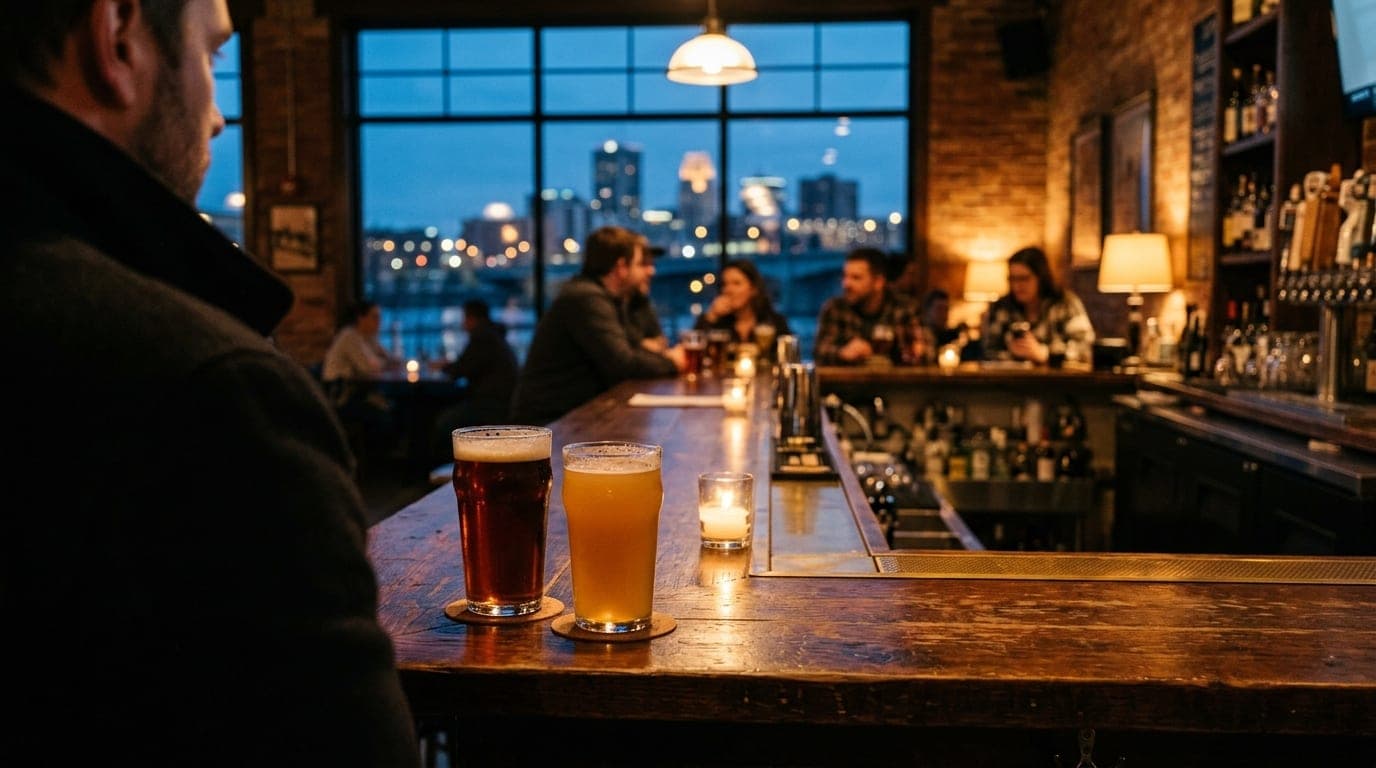 An over-the-shoulder 85mm shot, offset left, captures two craft beers on a dark wood bar at Beaver Island Brewing during b...