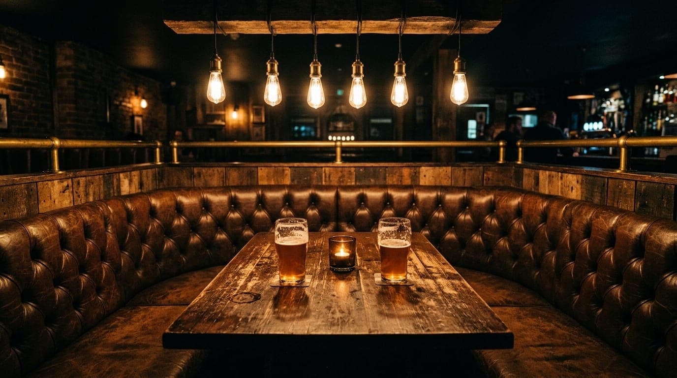 A low-angle, centered 24mm shot of a booth at The Pickled Loon. Two half-poured craft beers sit on a scarred wooden table...