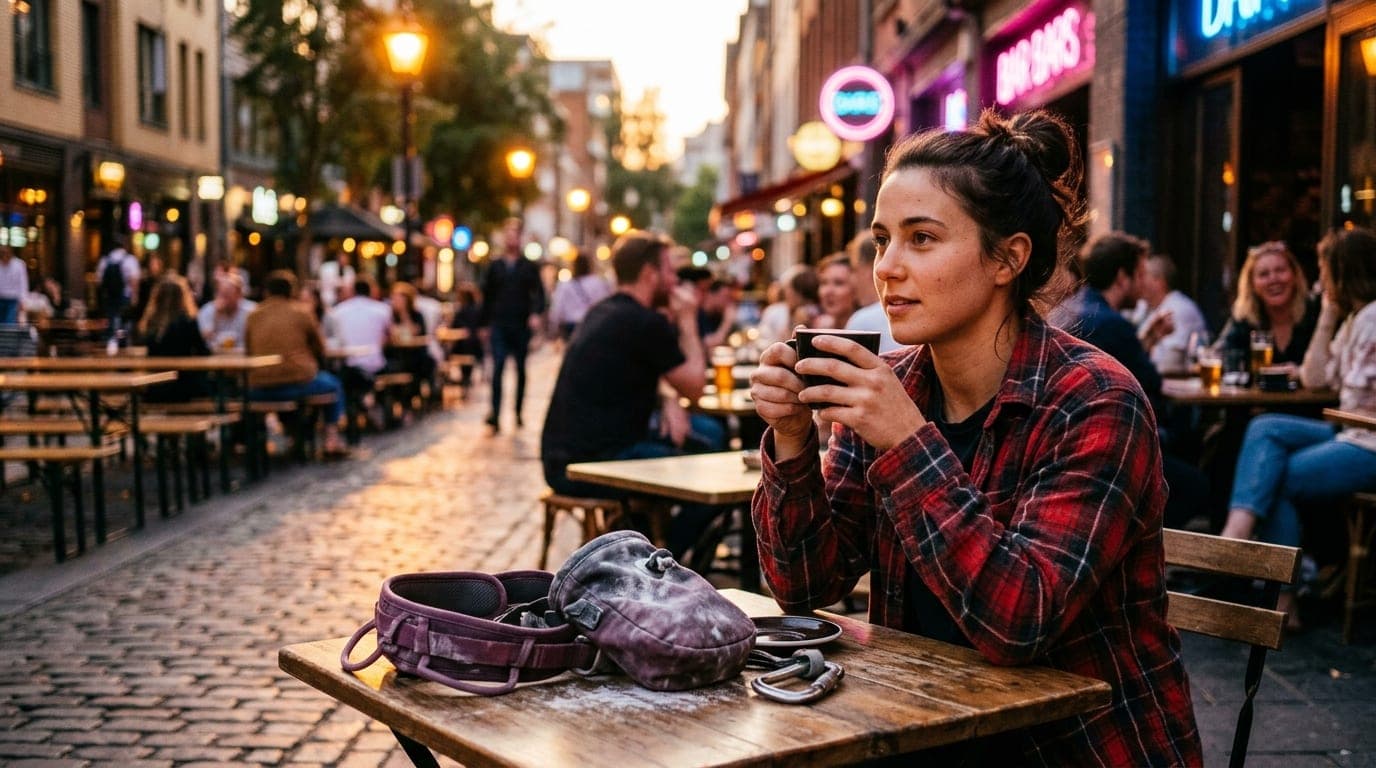 35mm documentary shot, rule-of-thirds offset right. A woman in a rugged flannel shirt sits at a sun-drenched outdoor table...