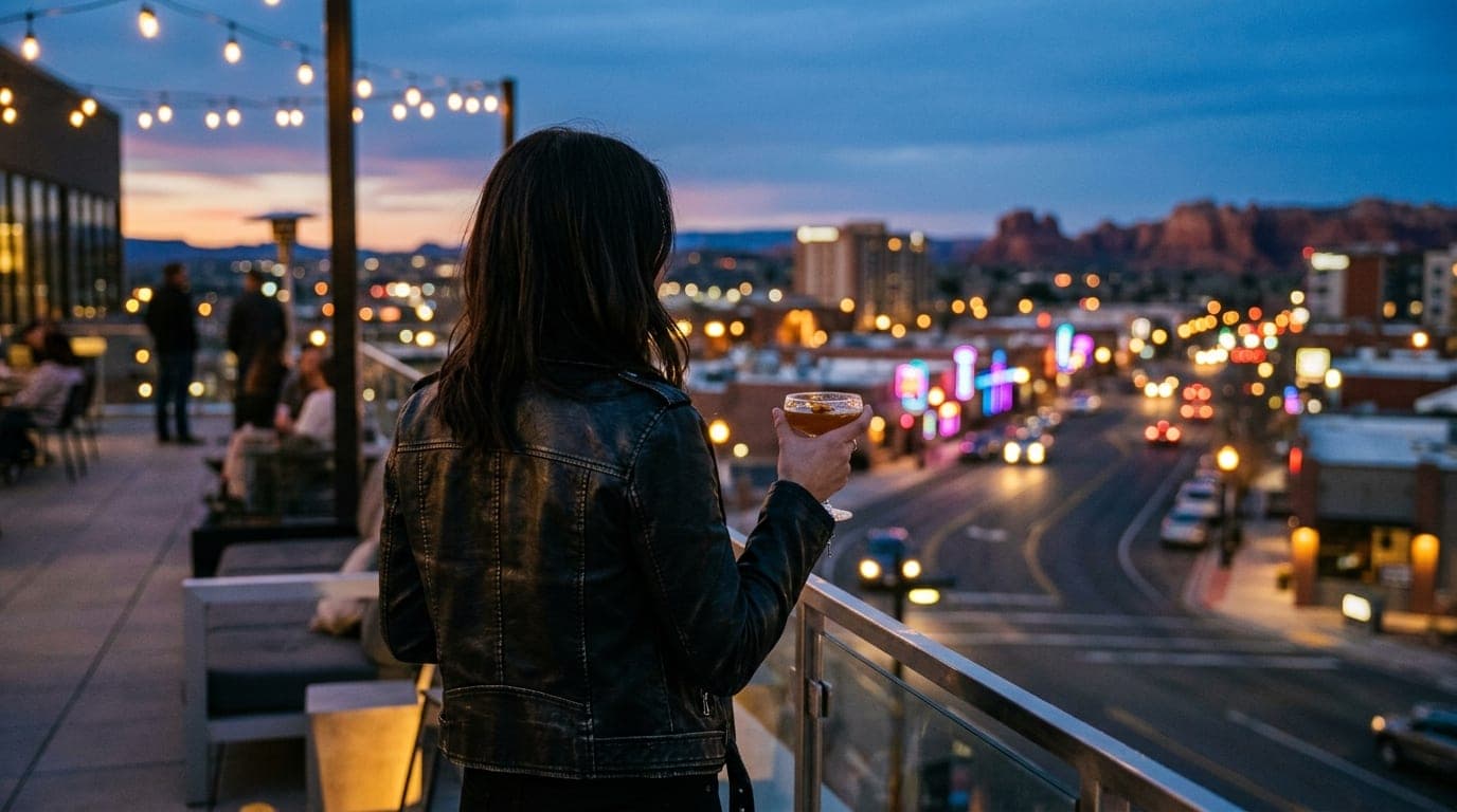 An 85mm over-the-shoulder shot at blue hour. A woman in a leather jacket stands on The Advenire roof terrace, holding a co...