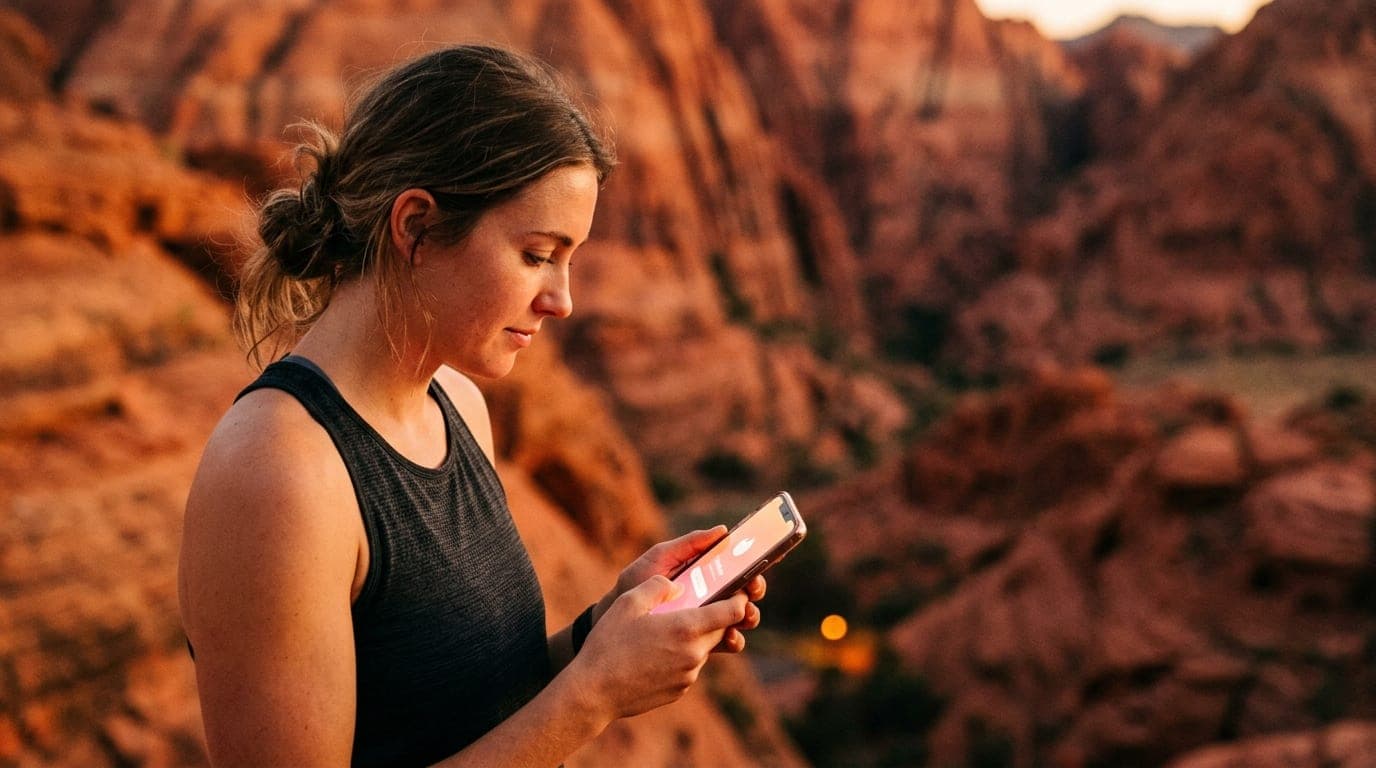 An 85mm portrait captures a woman in a technical hiking tank top, offset left, holding a smartphone glowing with a Tinder...