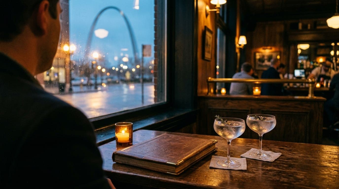 A dimly lit, cozy Central West End bar at blue hour. A leather-bound high school yearbook rests beside two half-poured gin...