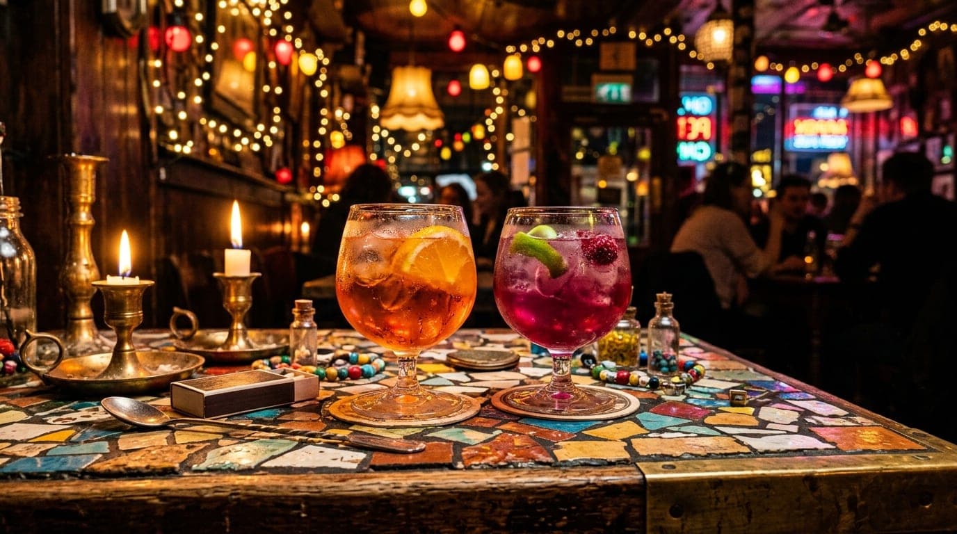 A low-angle macro shot inside The Venice Cafe. Two half-poured colorful cocktails rest on a mosaic-tiled table, surrounded...