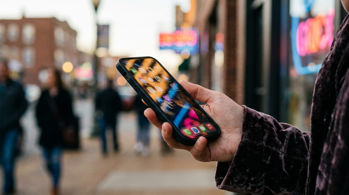 A macro 100mm shot of a glowing smartphone screen held by a woman in a velvet coat, reflecting the vibrant, flickering neo...