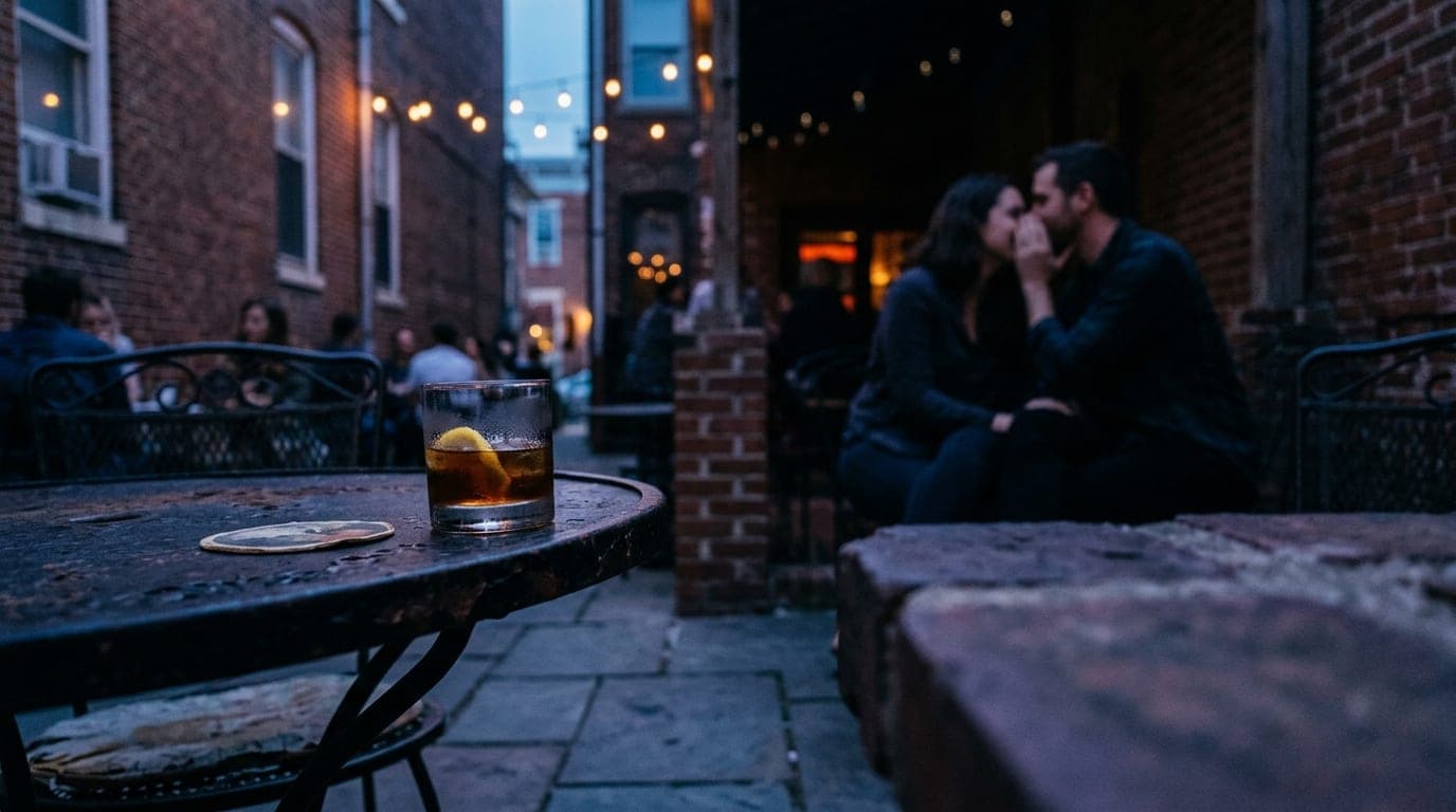 Blue hour, tilt-shift focus on a half-finished cocktail resting on a wrought-iron table at The Fortune Teller Bar’s back p...