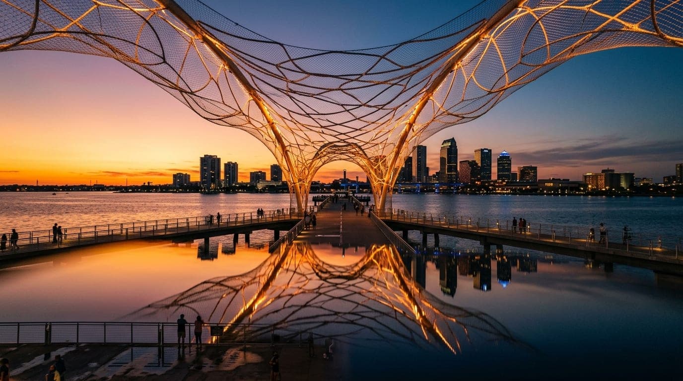 Centered wide-angle shot of the St. Pete Pier’s illuminated structural Bending Arc at golden hour, capturing the perfect s...