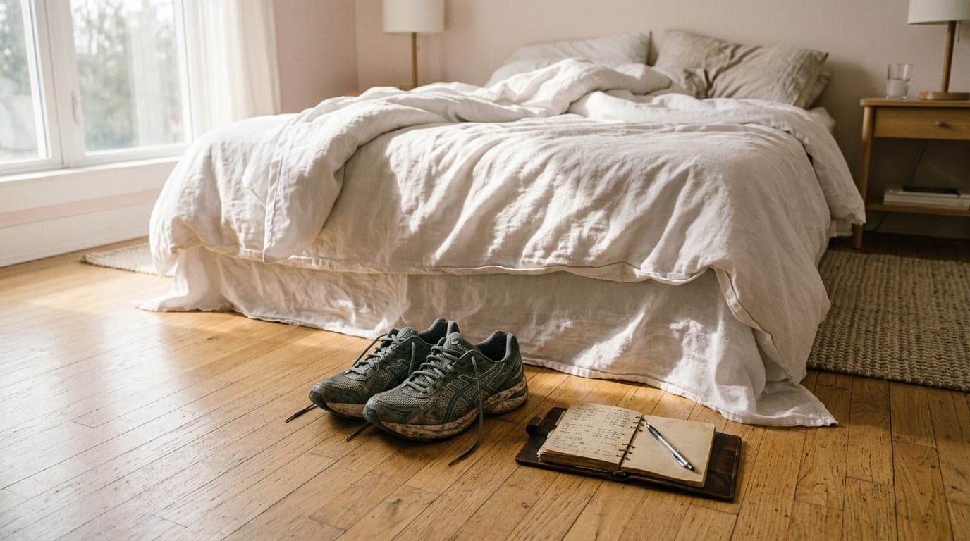 A wide-angle, centered shot of a bedroom floor featuring a pair of high-end running shoes beside a leather-bound exercise...