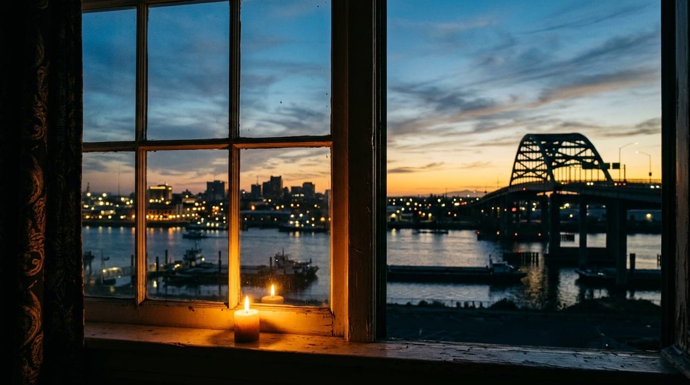 A medium shot through a candle-lit window captures the iconic downtown Stockton waterfront at dusk. The warm glow frames t...