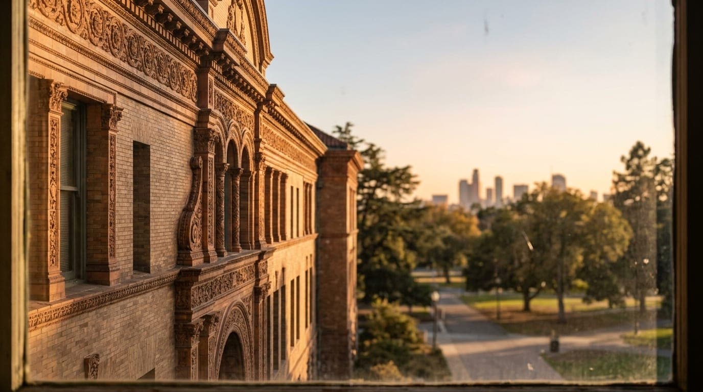 An 85mm close-up through a window highlights the historic, ornate facade of the Haggin Museum bathed in natural noon light...