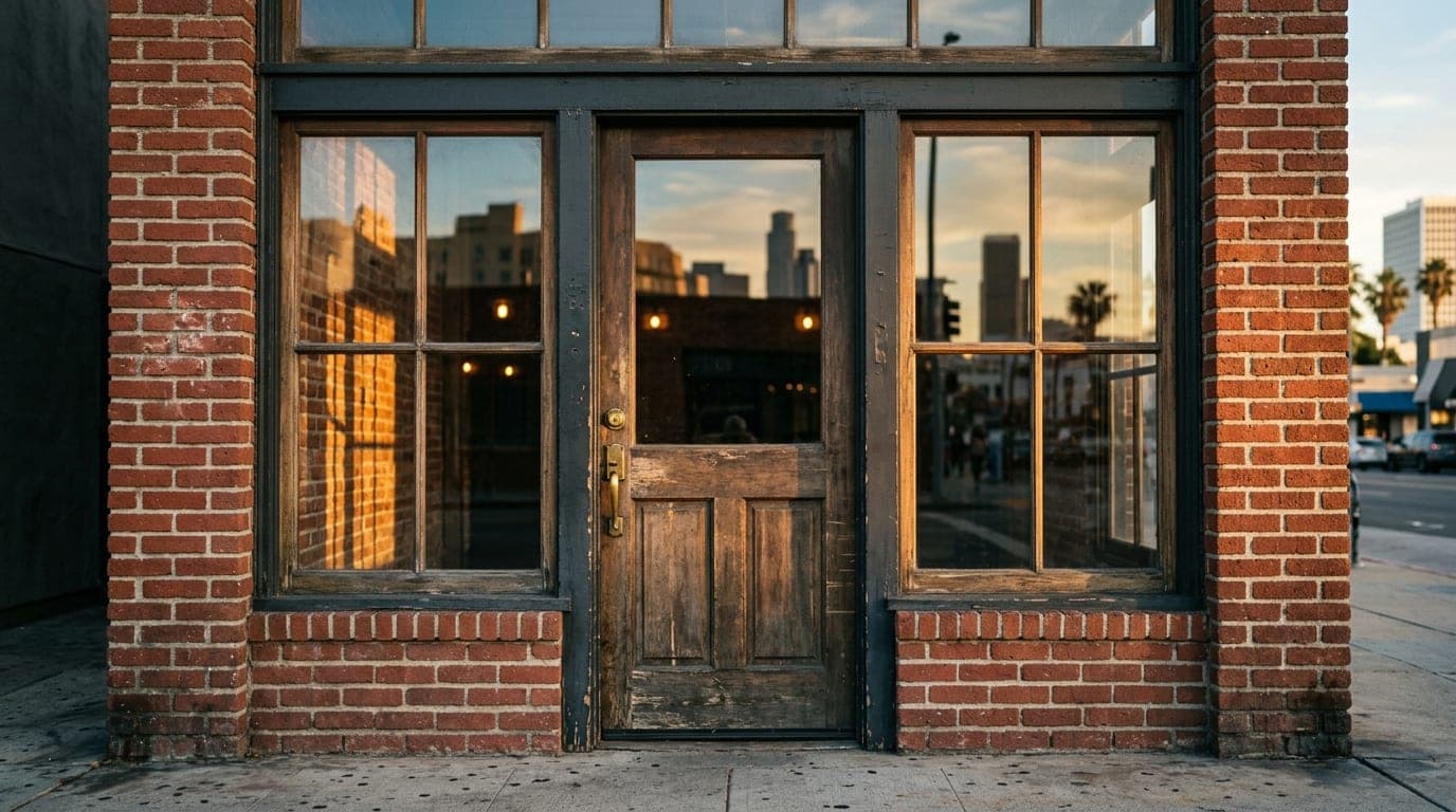 A symmetrical close-up of a rustic, red-brick storefront window on the Miracle Mile, capturing the soft, midday sun castin...