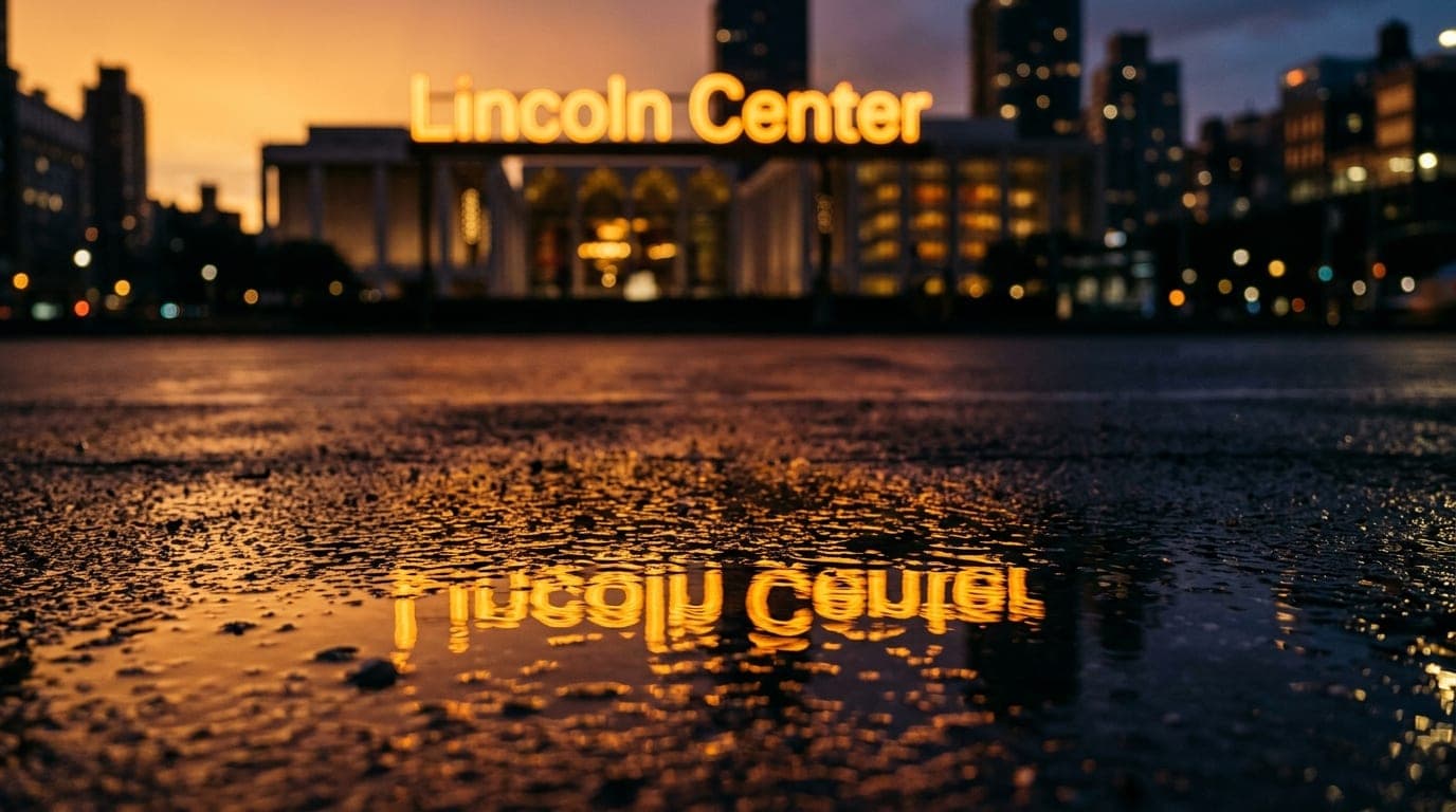 An extreme macro shot captures the glowing, amber reflection of a vibrant Lincoln Center neon sign shimmering across a rai...