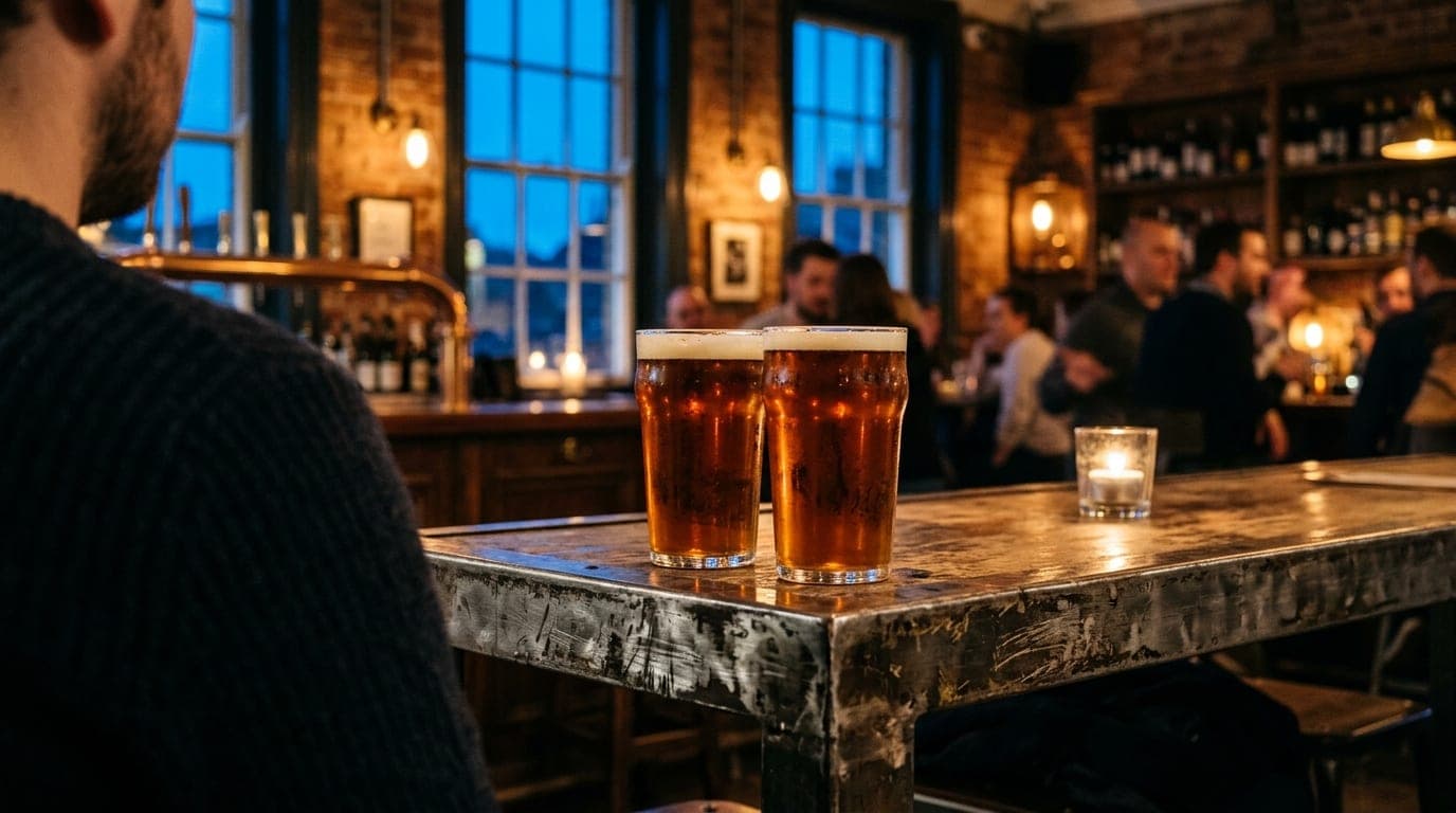 Over-the-shoulder shot of two amber craft beer pints resting on the scarred industrial metal edge of a Cast Iron Trading C...